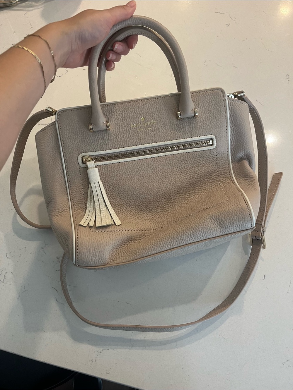 kate spade Pebbled Leather Satchel in Light Beige with Cream Trim